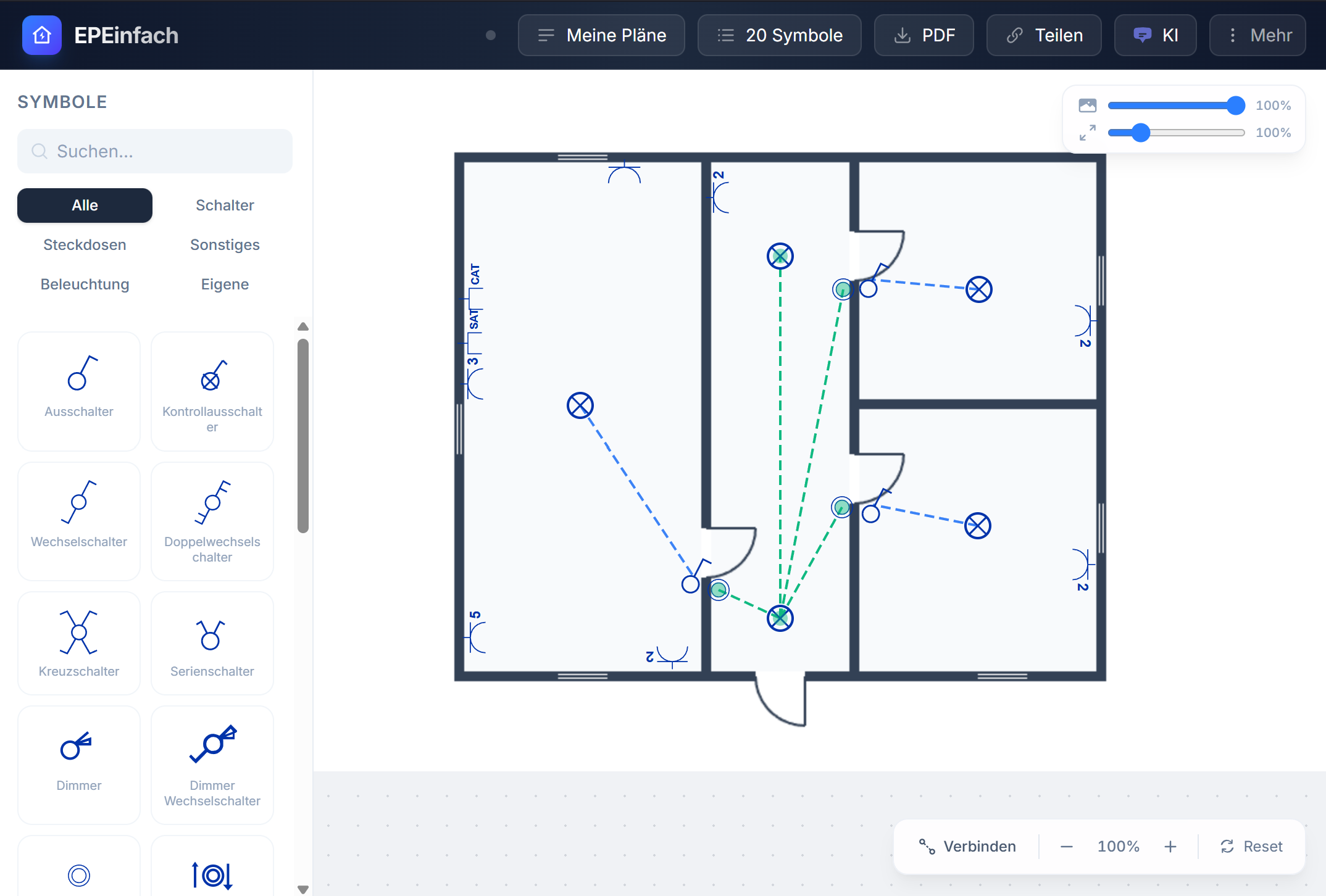 PlanMyWiring editor with symbol palette and floor plan