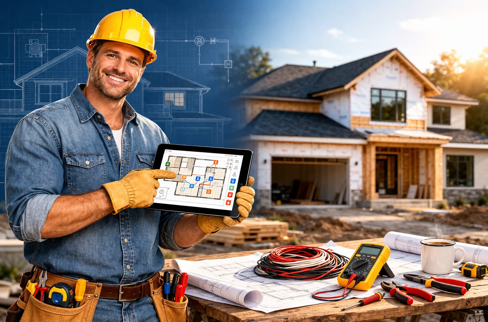 Builder holding tablet with PlanMyWiring electrical floor plan at a residential construction site